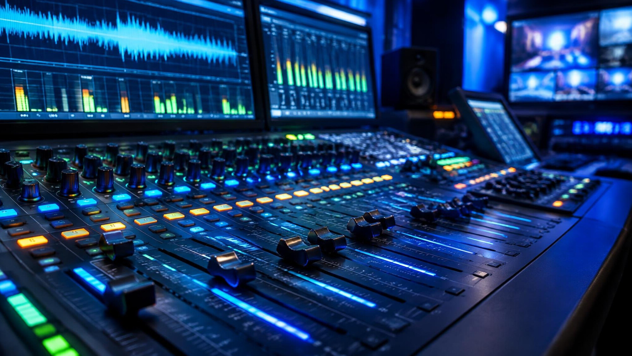 Audio mixing console with sound wave meters in a broadcast control room