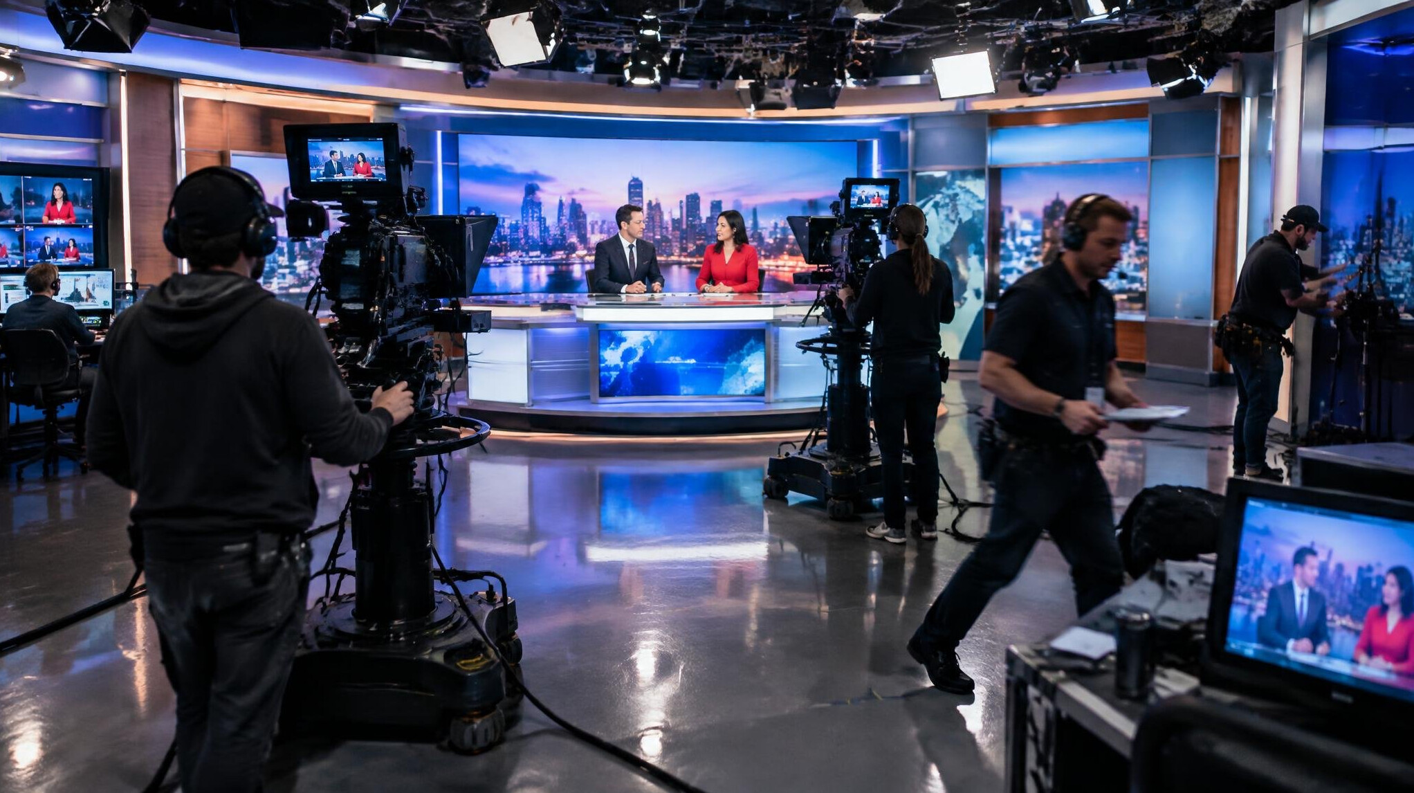 Behind the scenes view of a live television news broadcast in progress